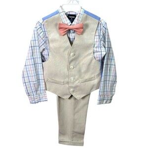 IZOD Kids 4 Pc Formal Suit Set LT Khaki Plaid Shirt Bow Tie Vest Pants Size 4T